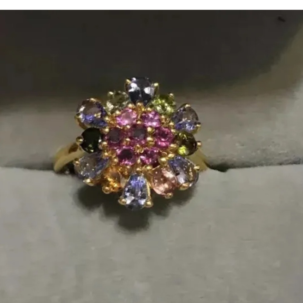 Unheated Pear Tanzanite Rhodolite Garnet Tourmaline Ring - new